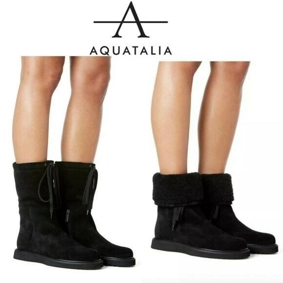 $650 AQUATALIA Camillia Shearling-Lined SUEDE Boot WEATHERPROOF BLACK  (ME36)